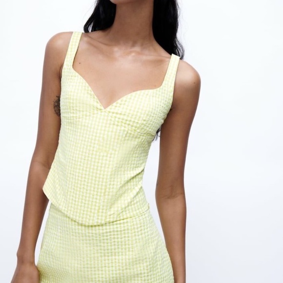 NEW Zara green gingham stretch corset top Medium cotton-blend - Picture 1 of 9